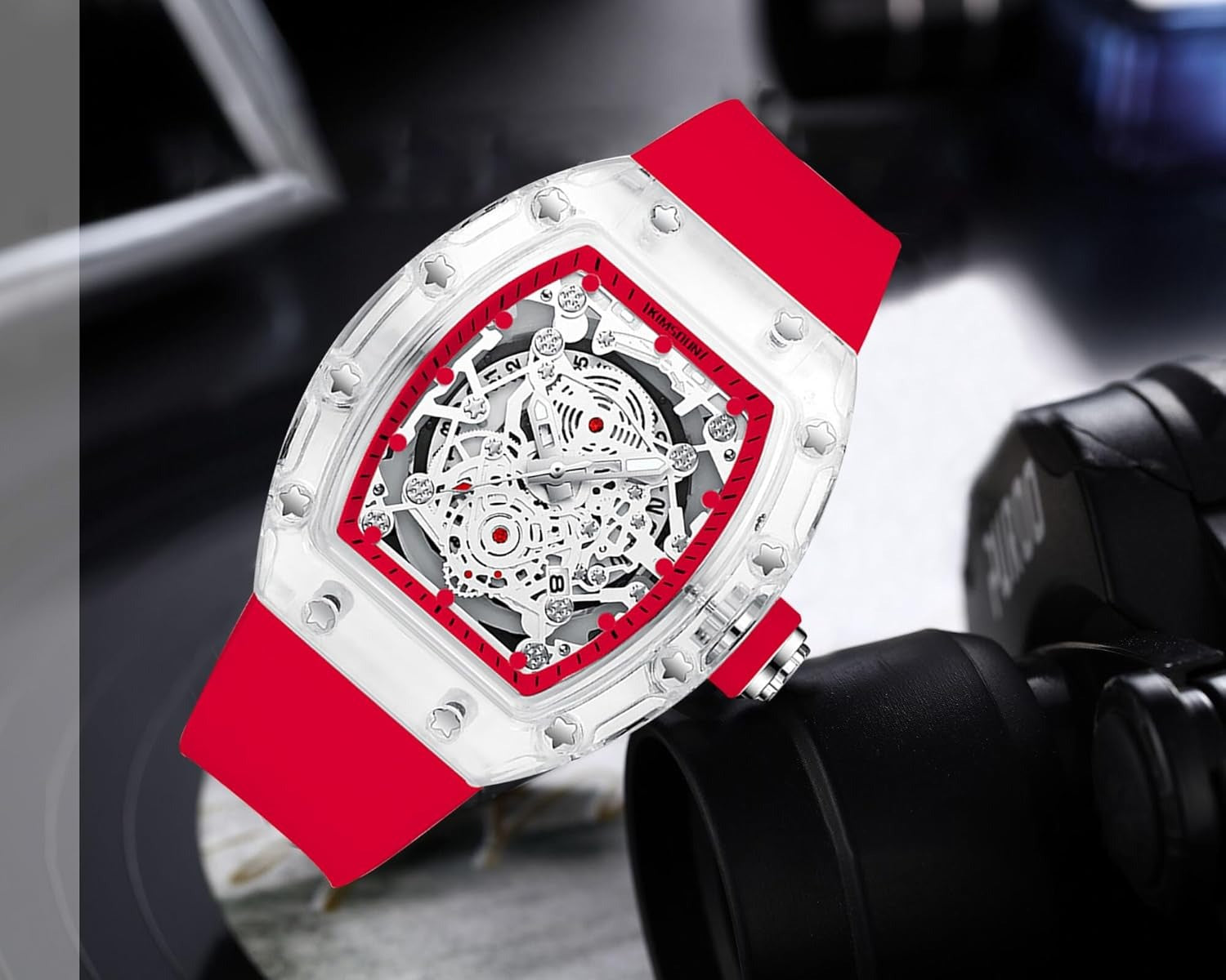 Fashion Hollowed Men Watches Tonneau Transparent Analog Display Silicone Strap Calendar Quartz Waterproof Trend Male Wrist Watch